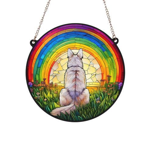 German Shepherd White Rainbow Bridge Stained Glass Effect Suncatcher